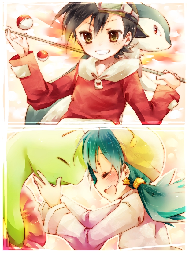 ethan, kris, typhlosion, and meganium (pokemon and 1 more) drawn by amamiya_kabosu