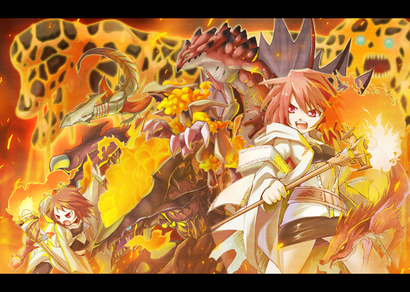 hiita, fox fire, familiar-possessed - hiita, lava golem, inari fire, and 4 more (yu-gi-oh!) drawn by hitohautsu