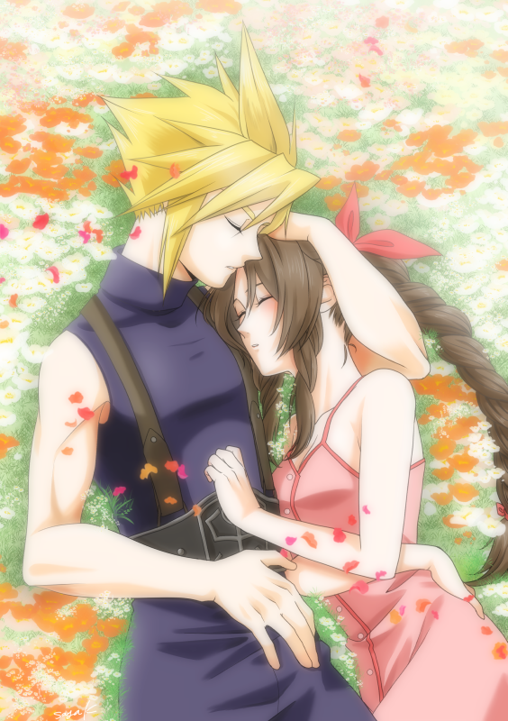 cloud strife and aerith gainsborough (final fantasy and 1 more) drawn by kirishima_saya