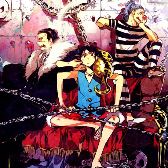 monkey d. luffy, crocodile, and buggy the clown (one piece) drawn by futaba_hazuki