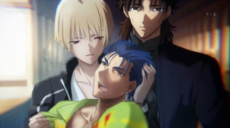 kotomine kirei, cu chulainn, and gilgamesh (fate and 2 more) drawn by rinoko_otoge