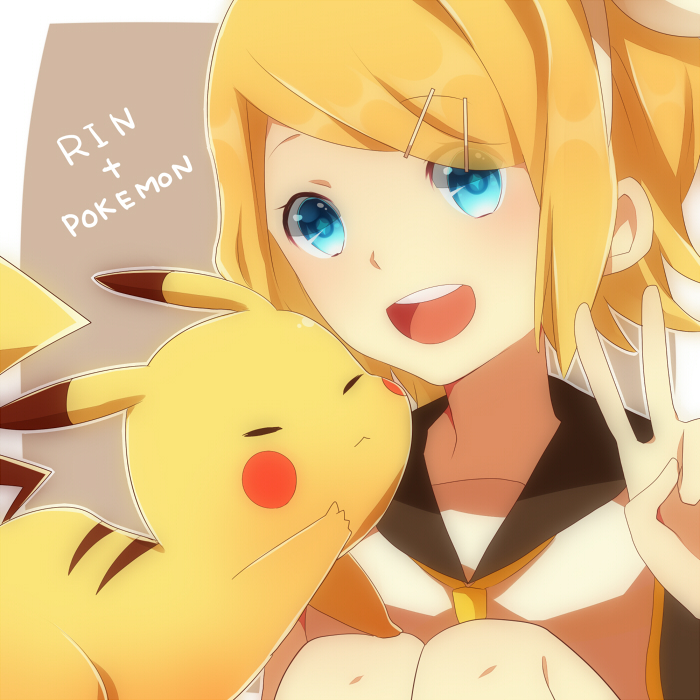 kagamine rin and pikachu (pokemon and 1 more) drawn by achiki