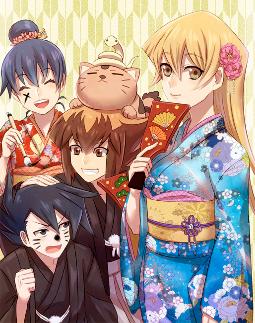 yuki judai, tenjouin asuka, manjoume jun, pharaoh, and saotome rei (yu-gi-oh! and 1 more) drawn by iochi_(kotan)