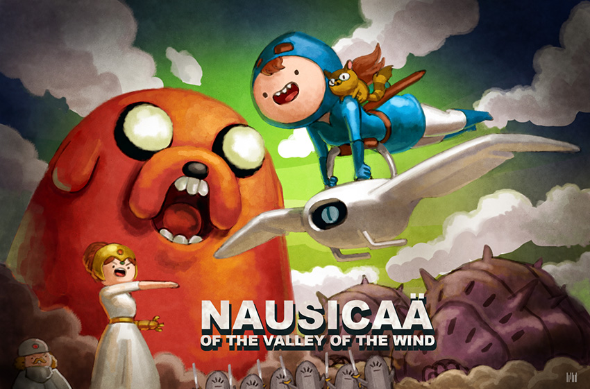 nausicaa, finn the human, jake the dog, teto, kushana, and 2 more (adventure time and 1 more) drawn by fmu