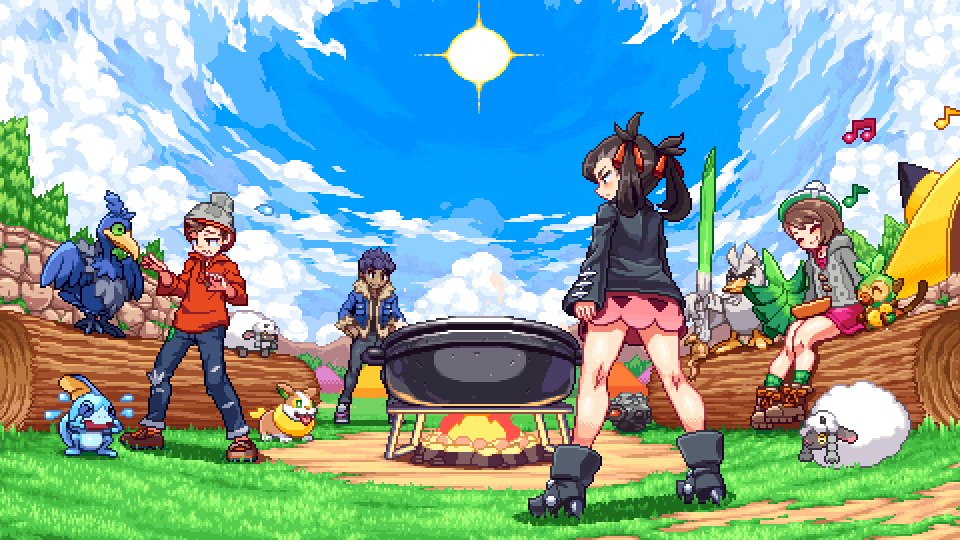marnie, gloria, scorbunny, sobble, hop, and 7 more (pokemon and 1 more) drawn by migel_futoshi