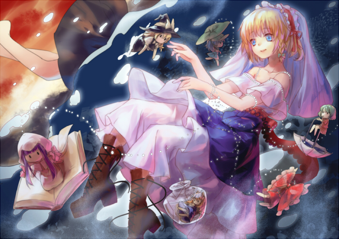hakurei reimu, kirisame marisa, alice margatroid, patchouli knowledge, kazami yuuka, and 2 more (touhou) drawn by wanmixia