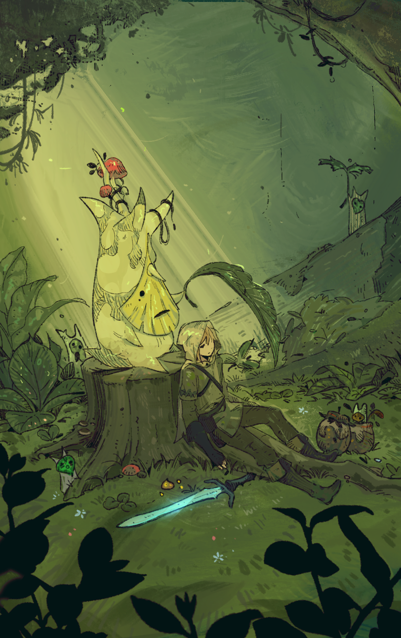 link and korok (the legend of zelda and 1 more) drawn by so_o2