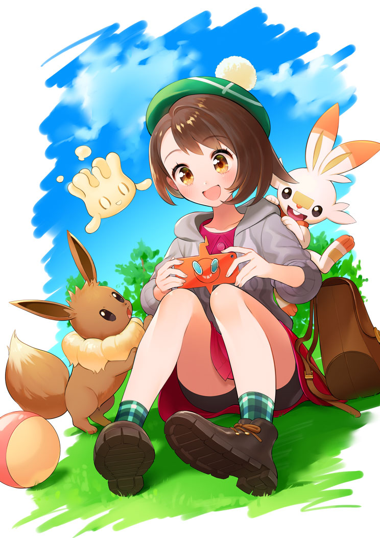 gloria, eevee, rotom, rotom phone, scorbunny, and 1 more (pokemon and 1 more) drawn by oshiri_(o4ritarou)