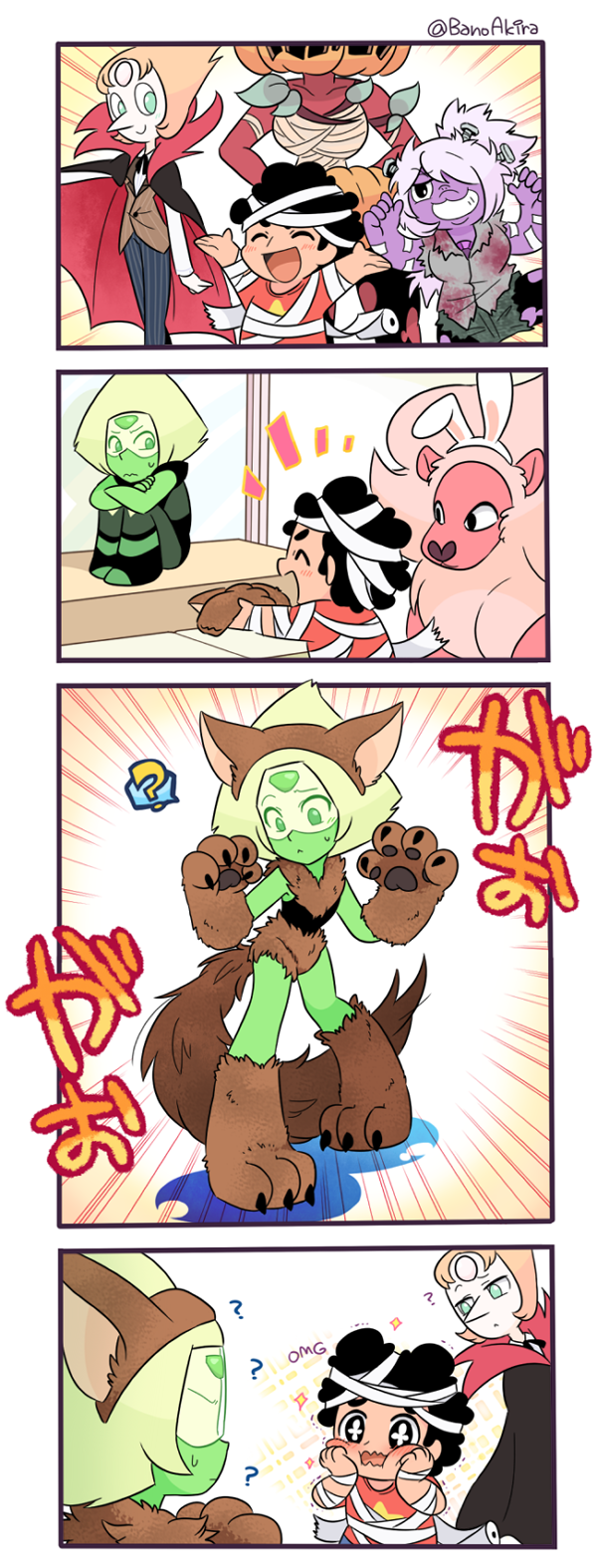frankenstein's monster, pearl, steven quartz universe, peridot, amethyst, and 2 more (steven universe and 1 more) drawn by bano_akira