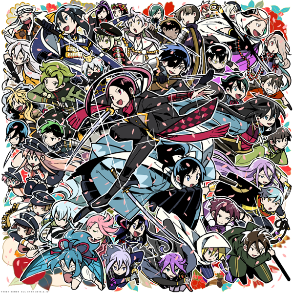 mikazuki munechika, kashuu kiyomitsu, yamato-no-kami yasusada, tsurumaru kuninaga, namazuo toushirou, and 39 more (touken ranbu) drawn by hidakarumen