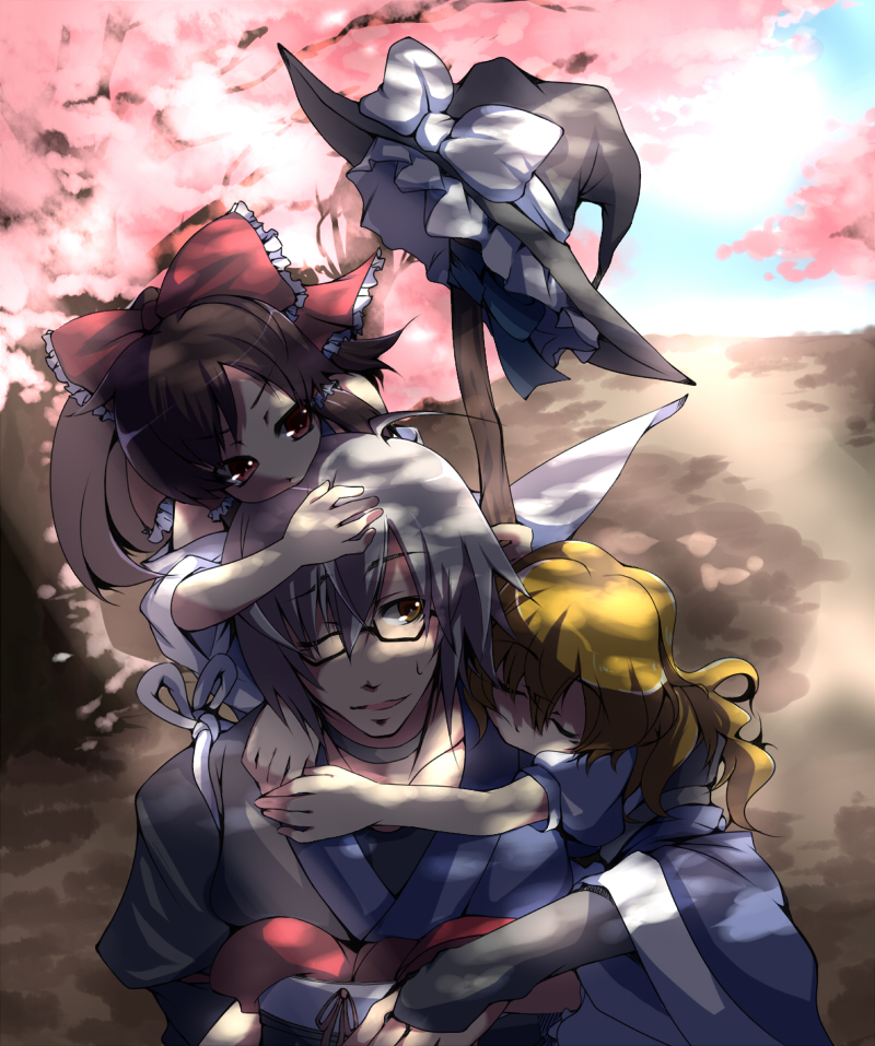 hakurei reimu, kirisame marisa, and morichika rinnosuke (touhou) drawn by pun2 and serizawa_mutsuki