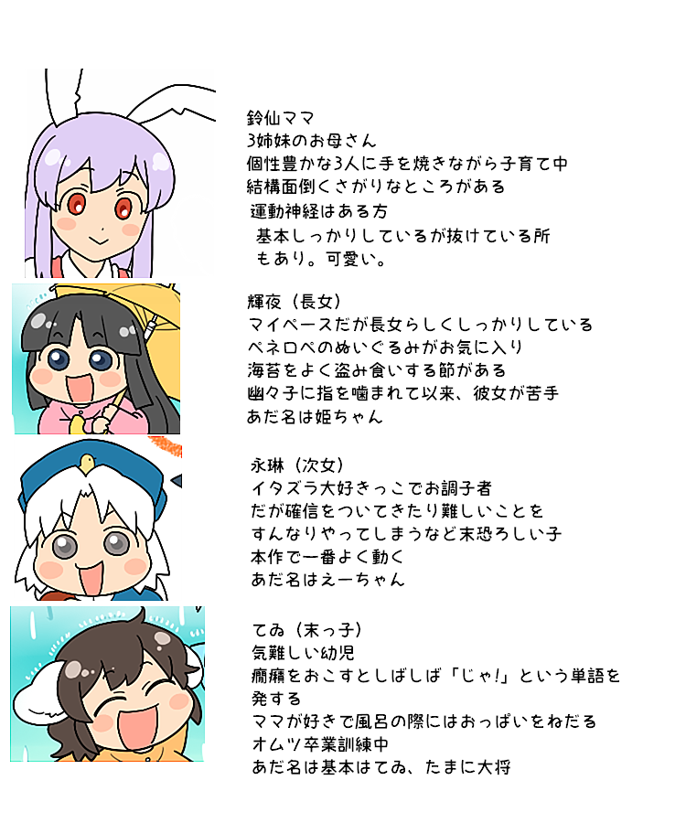 reisen udongein inaba, houraisan kaguya, inaba tewi, and yagokoro eirin (touhou) drawn by koyama_shigeru