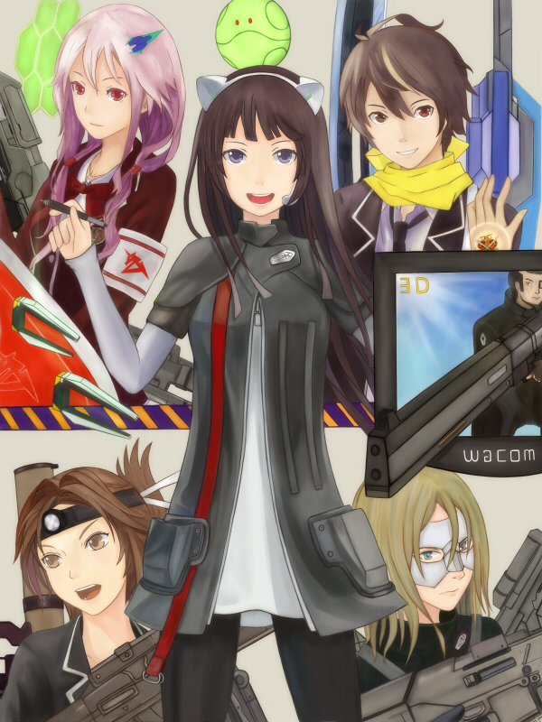haro, yuzuriha inori, nu gundam, ouma shuu, 00 qan[t], and 3 more (gundam and 5 more) drawn by langod