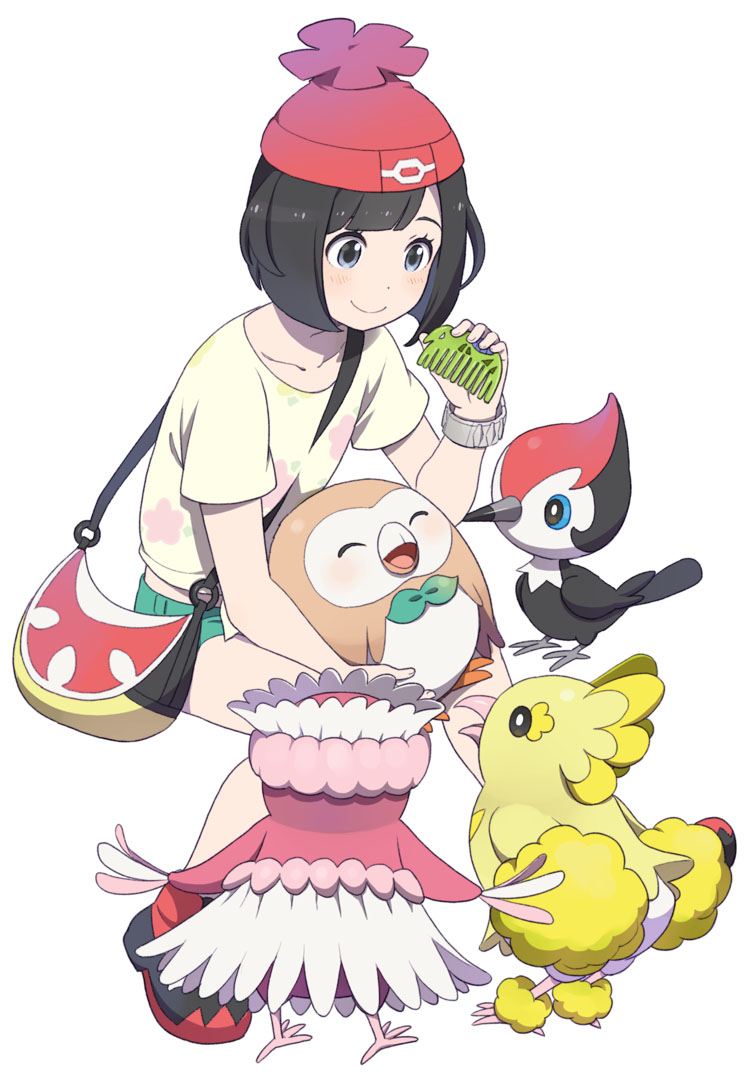 selene, rowlet, oricorio, and pikipek (pokemon and 1 more) drawn by mattaku_mousuke