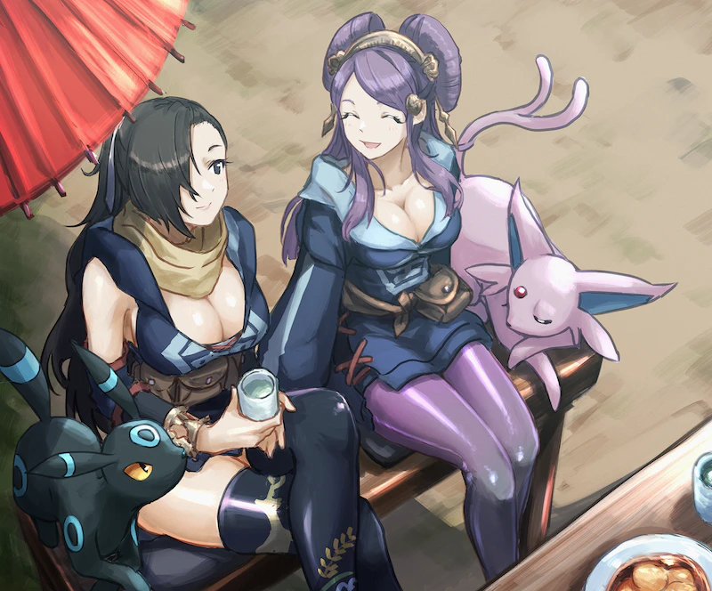 umbreon, espeon, kagero, and orochi (pokemon and 3 more) drawn by humanplushq