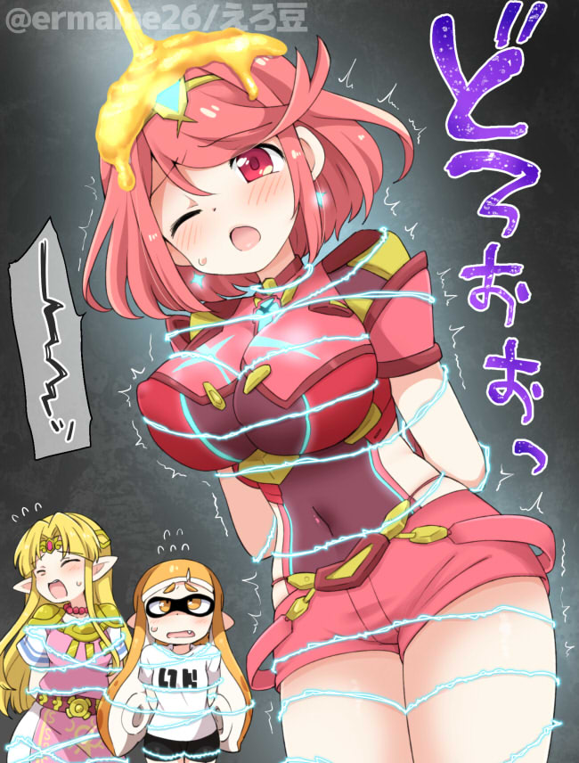 inkling player character, princess zelda, inkling girl, and pyra (the legend of zelda and 5 more) drawn by eromame
