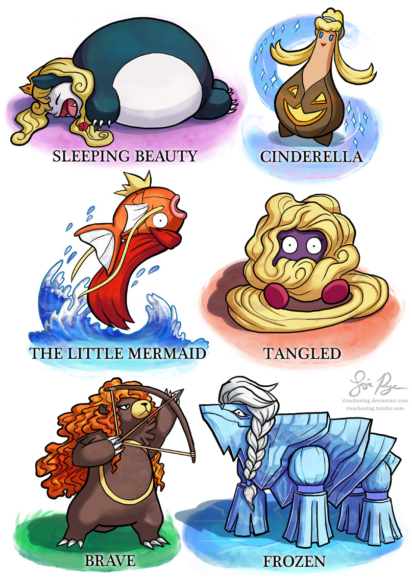 elsa, snorlax, magikarp, ariel, rapunzel, and 7 more (pokemon and 7 more) drawn by risachantag