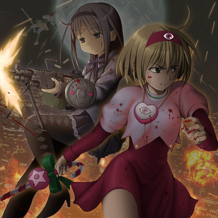 akemi homura, tomoe mami, and tanaka punie (mahou shoujo madoka magica and 1 more) drawn by touge_takanori