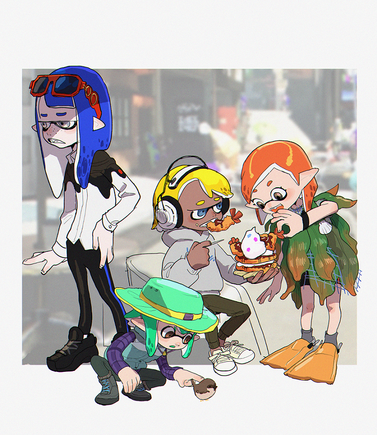 inkling player character, kanamori sayaka, asakusa midori, mizusaki tsubame, and doumeki parker (splatoon and 1 more) drawn by katsuoboshi