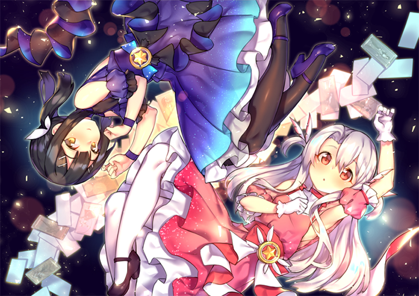 illyasviel von einzbern, miyu edelfelt, magical ruby, and magical sapphire (fate and 1 more) drawn by shennai_misha