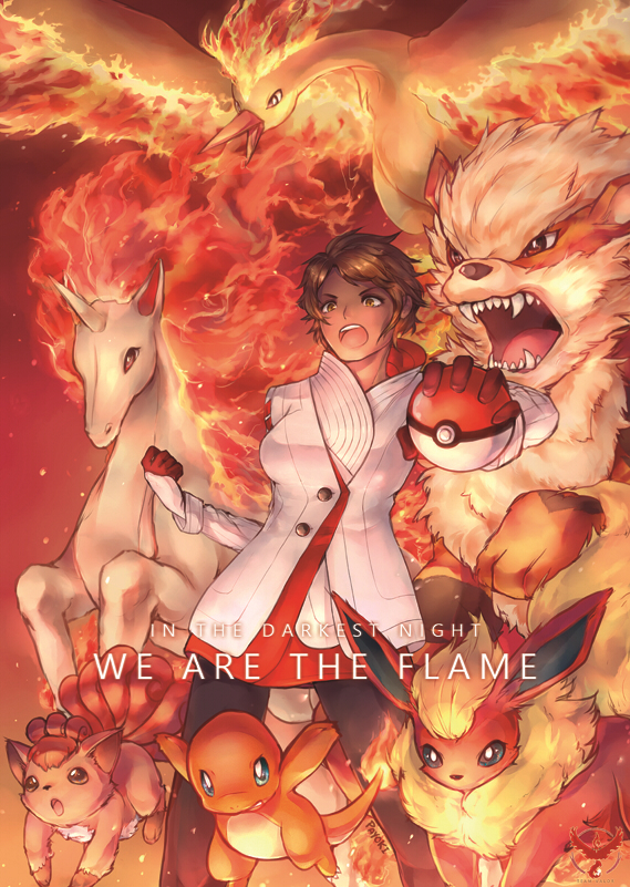 charmander, flareon, vulpix, arcanine, moltres, and 2 more (pokemon and 1 more) drawn by payoki