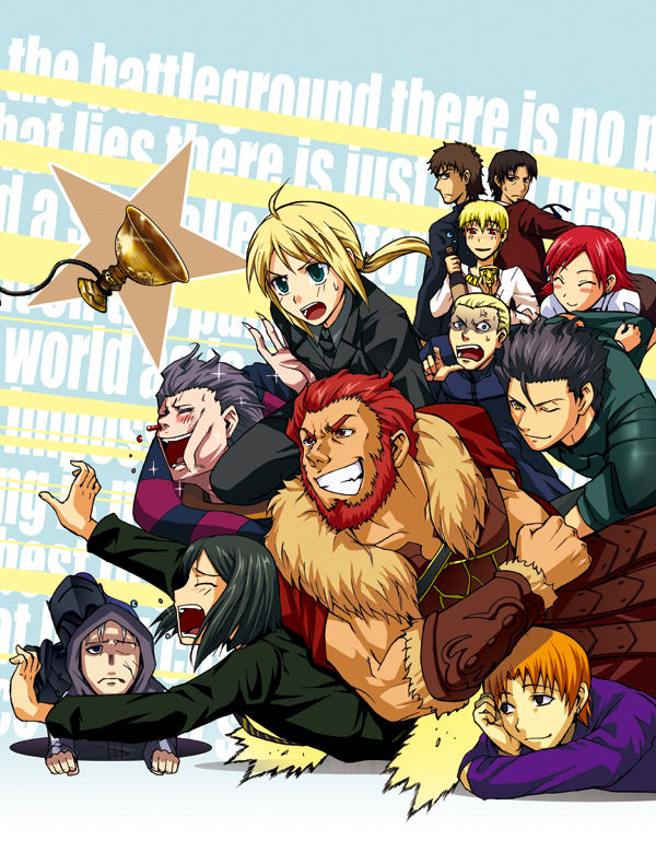 artoria pendragon, saber, kotomine kirei, iskandar, waver velvet, and 9 more (fate and 1 more) drawn by fuyuwa_kotatsu