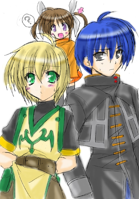 takamachi nanoha, yuuno scrya, and chrono harlaown (lyrical nanoha and 1 more) drawn by minazoi_kuina