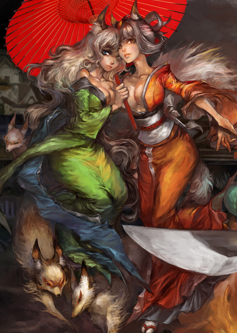 kongiku and yuzuruha (oboro muramasa) drawn by chang