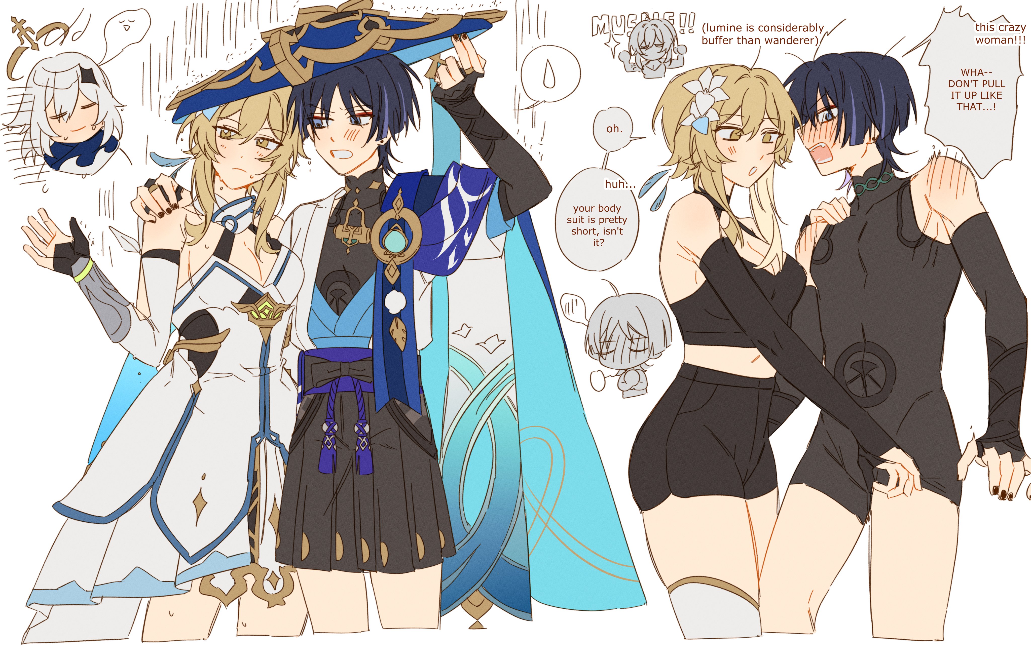 lumine, paimon, scaramouche, and wanderer (genshin impact) drawn by