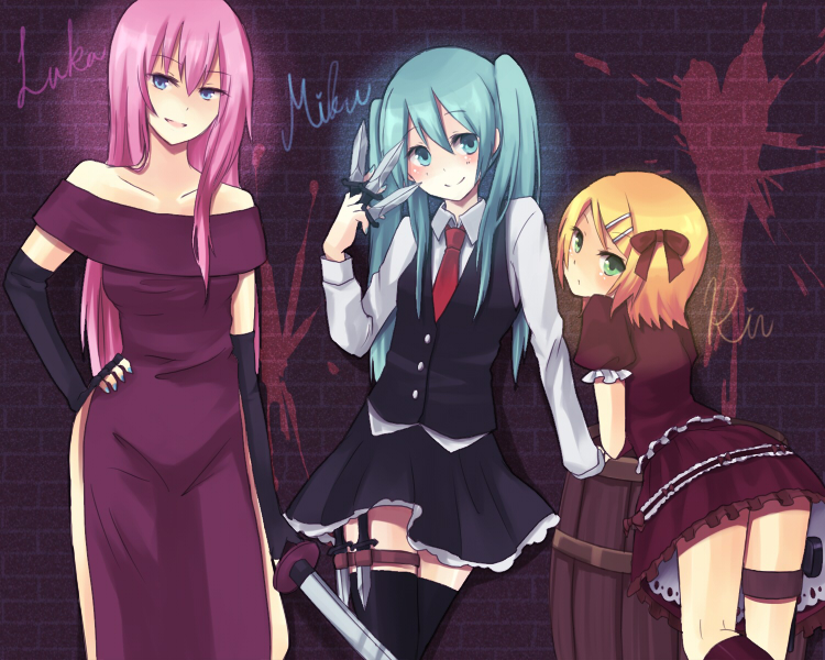 hatsune miku, kagamine rin, and megurine luka (vocaloid) drawn by wadaka