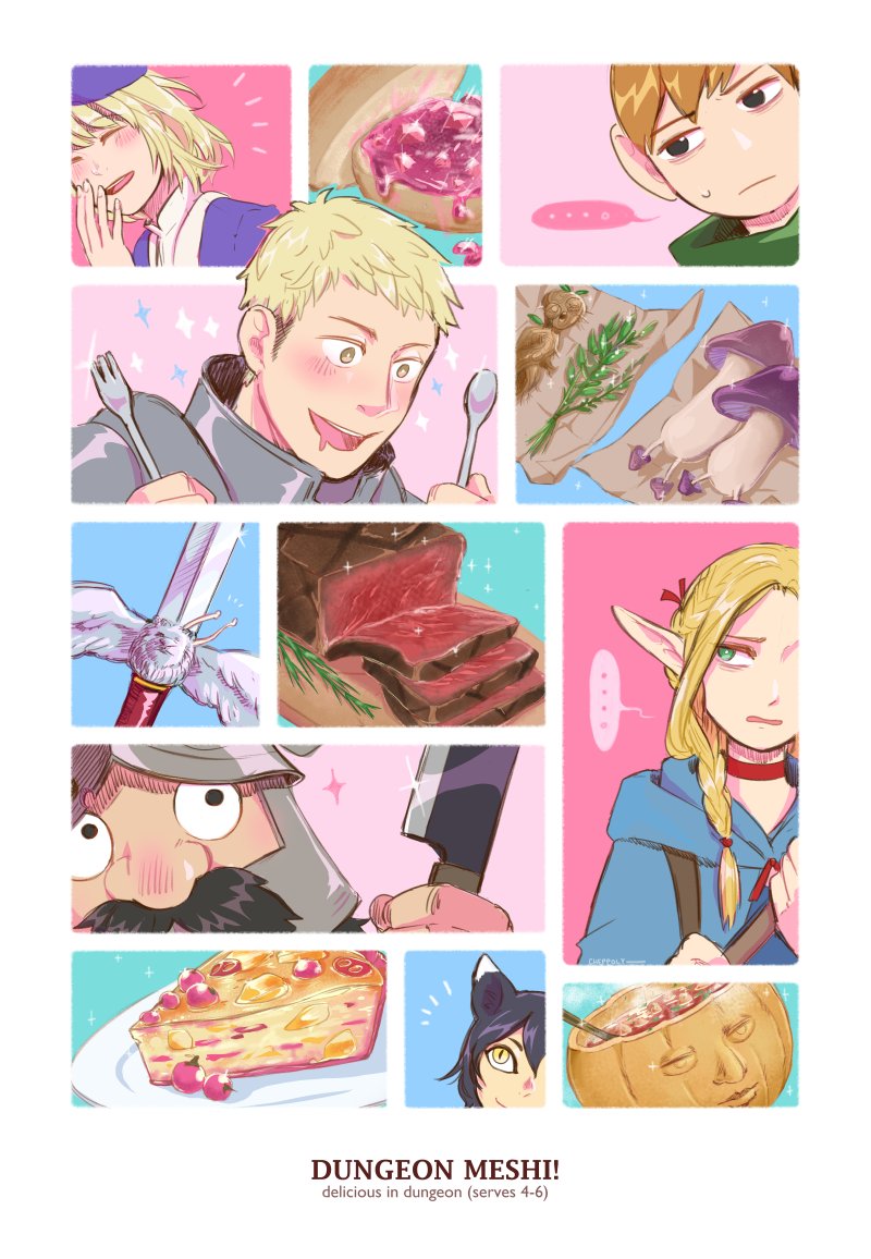 marcille donato, falin touden, laios touden, senshi, chilchuck tims, and 3 more (dungeon meshi) drawn by cheppo