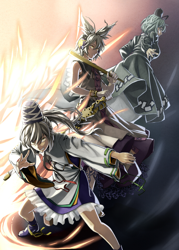 toyosatomimi no miko, mononobe no futo, and soga no tojiko (touhou) drawn by tkln