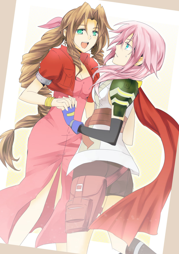 aerith gainsborough, lightning farron, and sakamoto maaya (final fantasy and 2 more) drawn by meru
