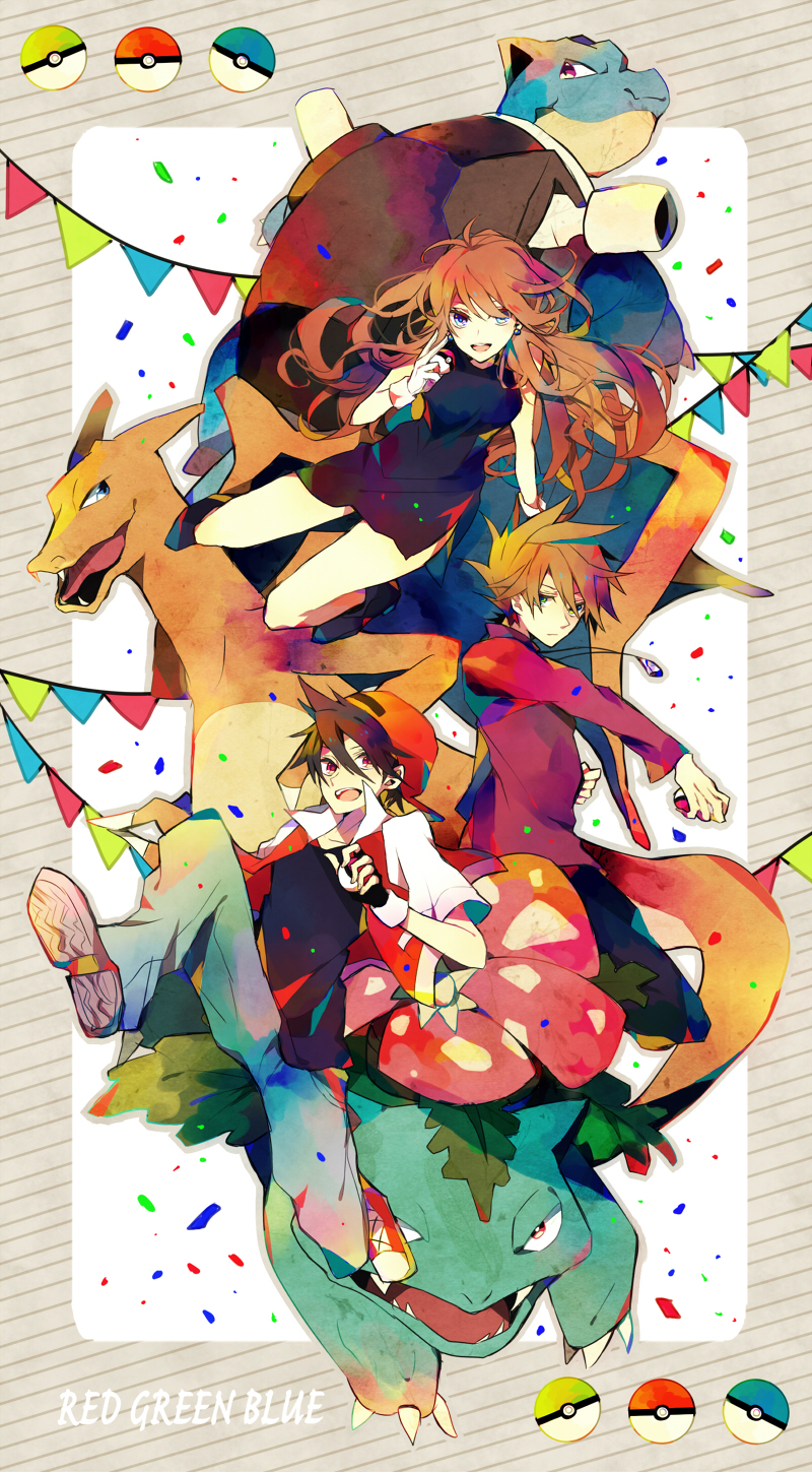 red, blue oak, charizard, green, venusaur, and 1 more (pokemon and 1 more) drawn by satsuki_(miicat)