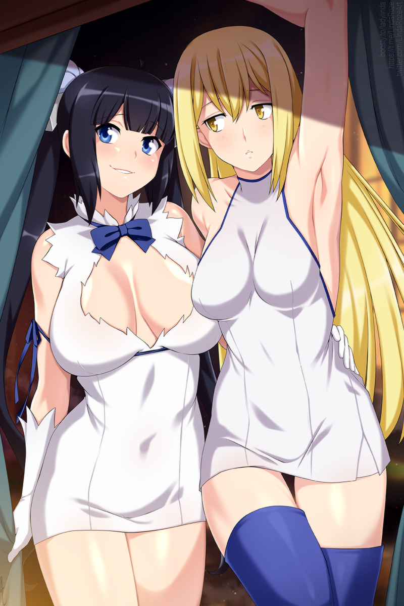 hestia and aiz wallenstein (dungeon ni deai wo motomeru no wa machigatteiru darou ka) drawn by lindaroze