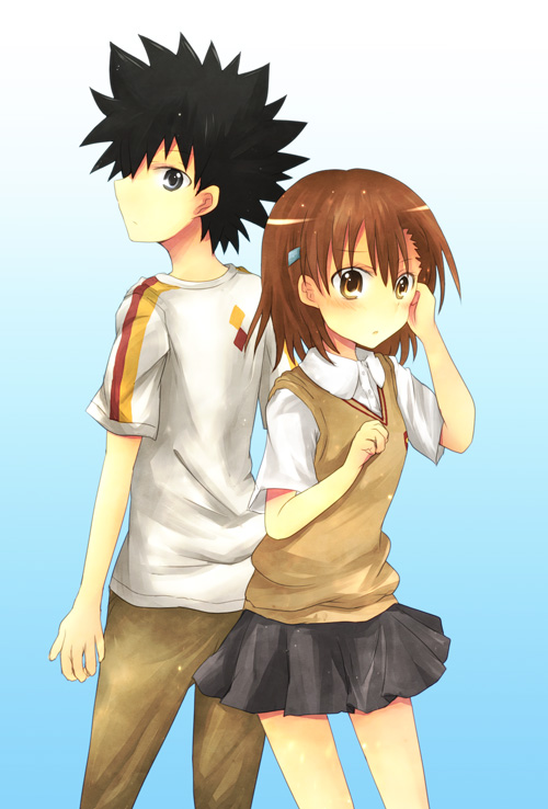 misaka mikoto and kamijou touma (toaru majutsu no index and 1 more) drawn by kazahana_yuu