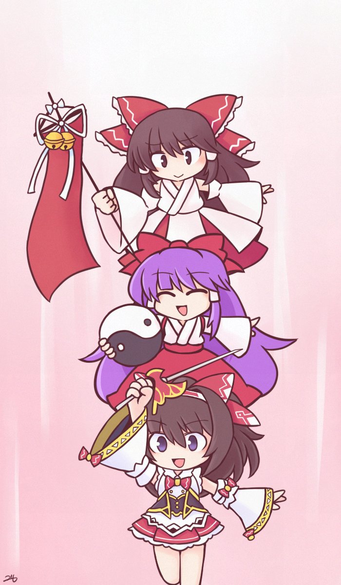 hakurei reimu, gensokyo's first hakurei miko, and shanghai alice-chan (touhou and 2 more) drawn by 216