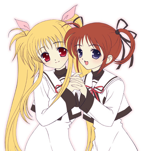 fate testarossa and takamachi nanoha (lyrical nanoha and 2 more) drawn by takenaka_hisato