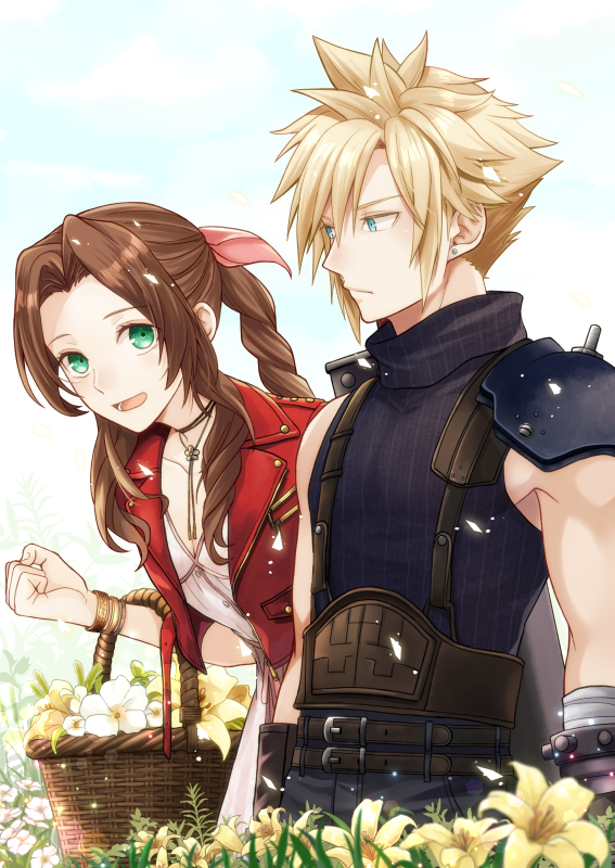 cloud strife and aerith gainsborough (final fantasy and 2 more) drawn by saklo