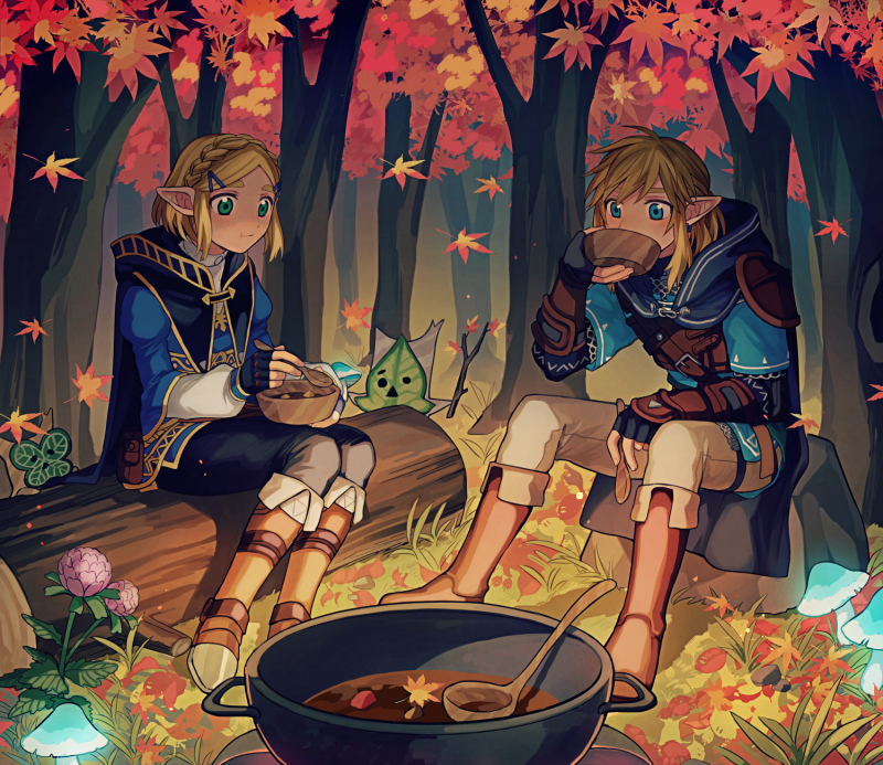 link, princess zelda, and korok (the legend of zelda and 1 more) drawn by shijima_(4jima)