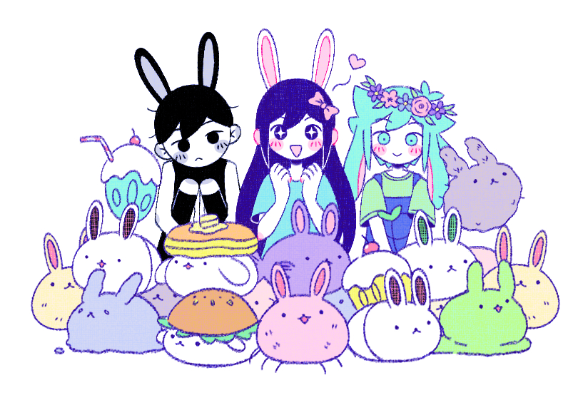 omori, basil, aubrey, forest bunny, cupcake bunny, and 11 more (omori) drawn by 2727_onigiri