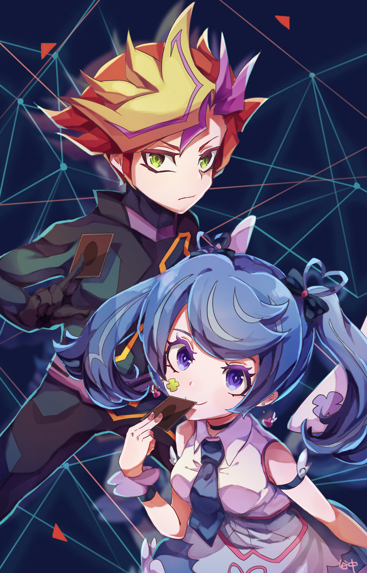 zaizen aoi, fujiki yusaku, blue angel, and playmaker (yu-gi-oh! and 1 more) drawn by yanaka_(pixiv7108175)