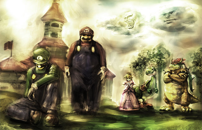 princess peach, mario, luigi, bowser, and yoshi (mario) drawn by kitakazuki