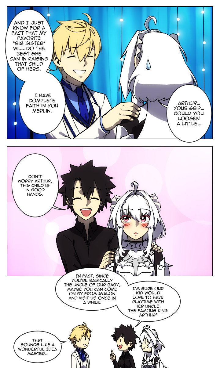 fujimaru ritsuka, merlin, arthur pendragon, and lady avalon (fate and 1 more) drawn by lazyartlazy12