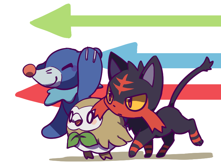 rowlet, popplio, and litten (pokemon) drawn by i3_(17sanjyou)