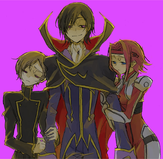 lelouch vi britannia, kouzuki kallen, and rolo lamperouge (code geass) drawn by inuneko_(dcwn)