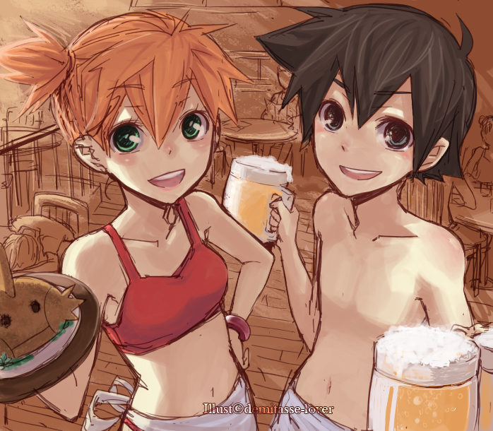 ash ketchum, misty, and mudkip (pokemon) drawn by demitasse-lover