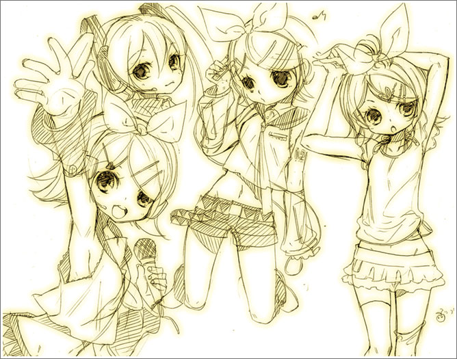 hatsune miku and kagamine rin (vocaloid) drawn by mitsubachi_koucha