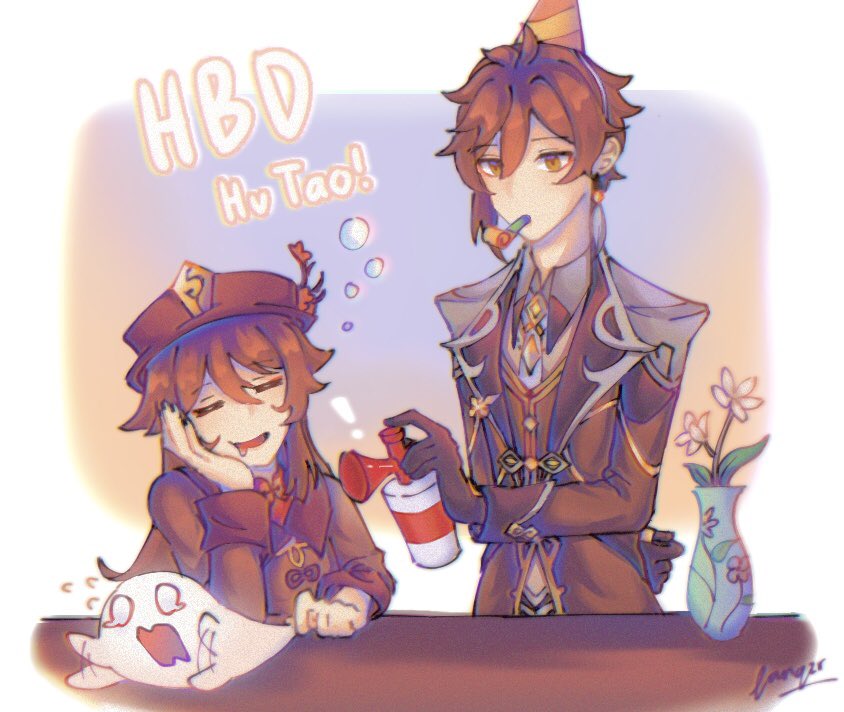 hu tao, zhongli, and boo tao (genshin impact) drawn by lanqzr
