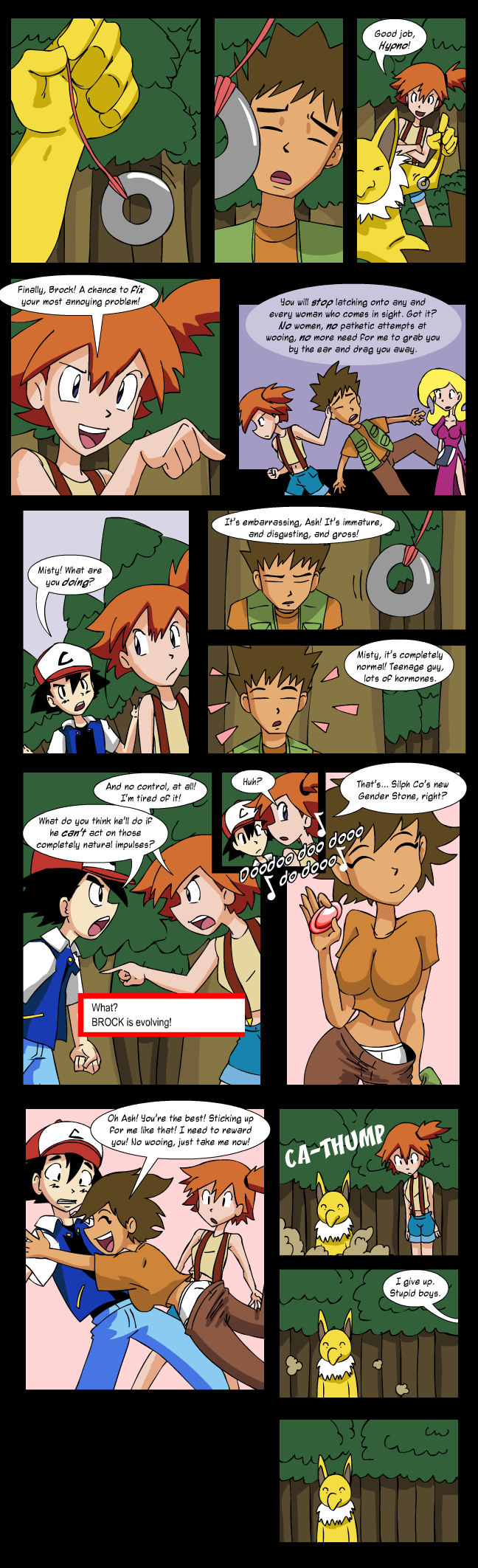 ash ketchum, misty, hypno, and brock (pokemon) drawn by tran_(artist)